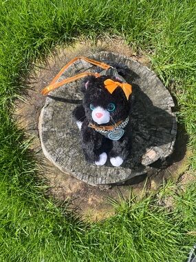 Poochie Plush Black Puppy Crossbody Bag with Orange Bow and Strap